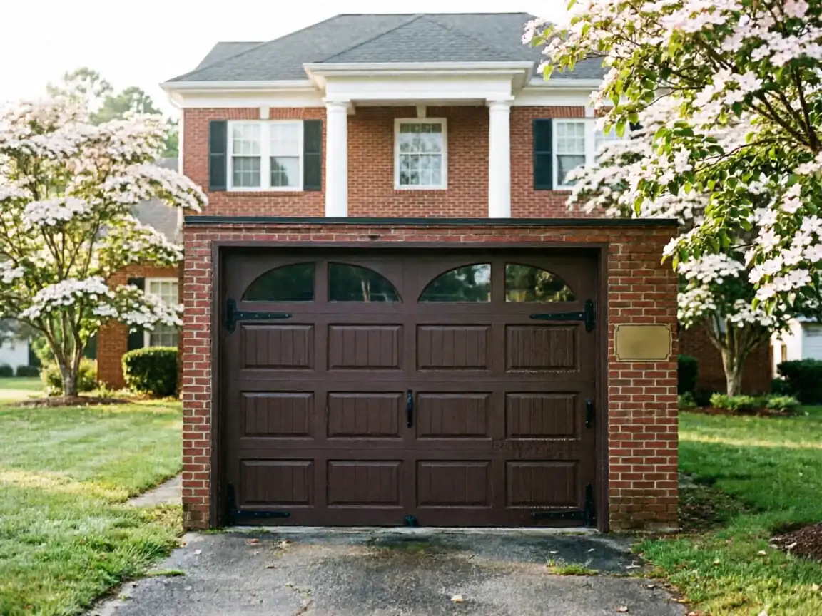 A brown garage door with arched windows is on a brick house.