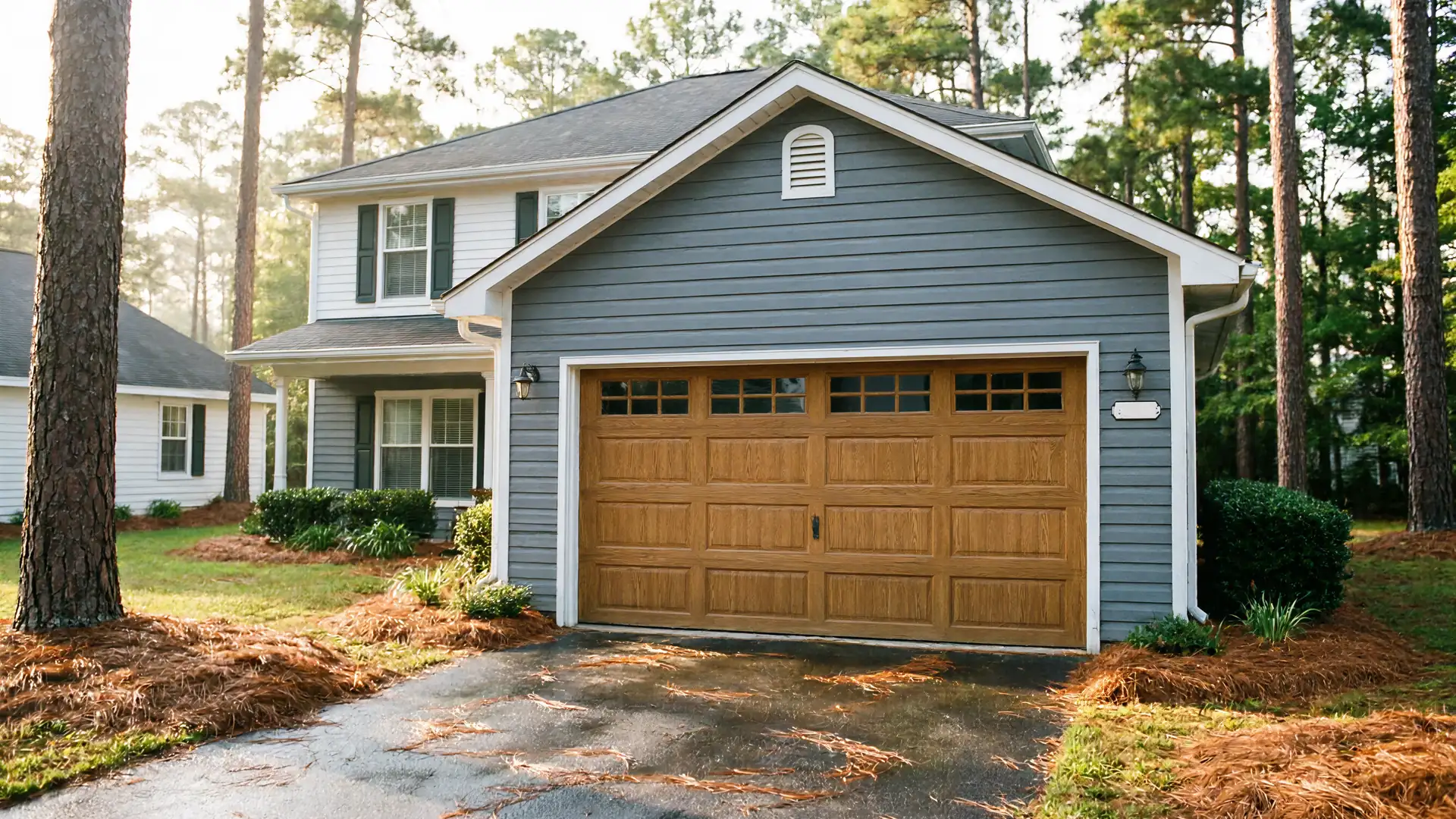 The house has a brown garage door with windows and gray siding.