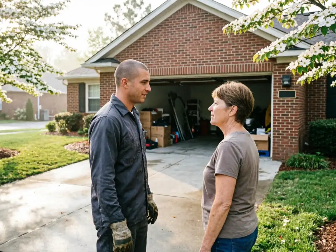 A technician in work clothes talks to a woman in front of a brick house.