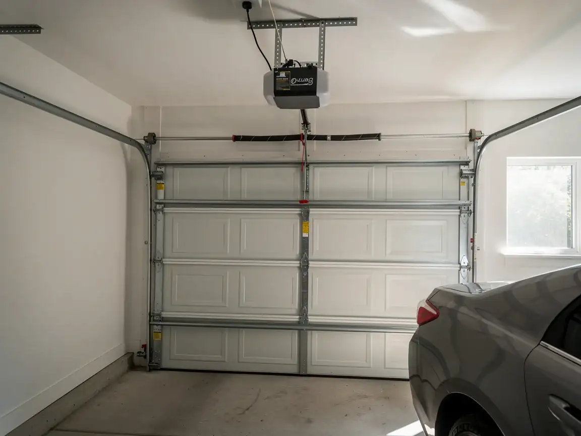A white paneled garage door is closed with an opener and torsion spring visible.